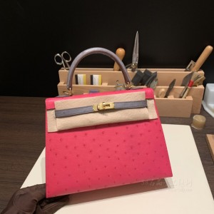 hermes kelly 25cm 凯莉包 南非KK鸵鸟皮ostrich 拼色 玫红拼玛瑙灰 金扣(爱马仕鸵鸟皮kelly25包包什么价)