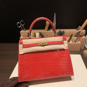 hermes kelly 25cm 凯莉包 尼罗鳄鱼皮nilo crocodile shiny亮面 法拉利红 金扣