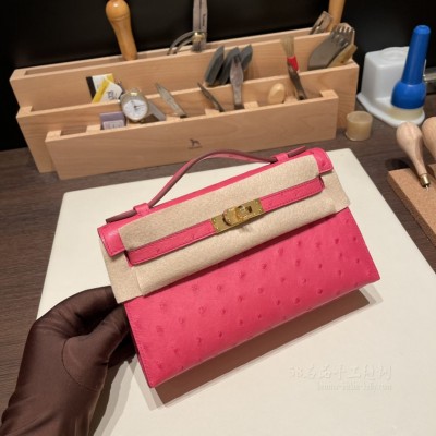 hermes mini kelly Pochette 21cm 一代 南非KK鸵鸟皮ostrich I6极致粉 金扣(爱马仕minikelly鸵鸟皮) 官网