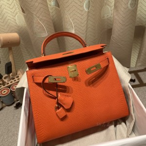 hermes kelly 28cm 凯莉包 lizard蜥蜴皮 9J火焰橙 金扣(hermes 凯莉包价格)