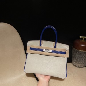 hermes birkin 30cm 铂金包 山羊皮Chevre 80珍珠灰拼 7T电光蓝