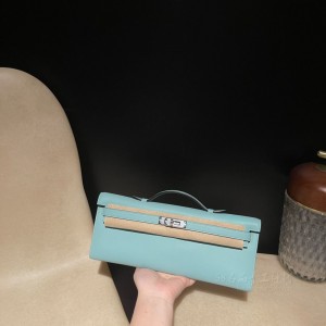 hermes kelly cut 31cm 凯莉手包晚妆包 swift皮 3P马卡龙蓝 银扣 图片