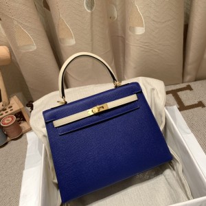 hermes kelly 25cm 凯莉包 epsom皮 拼色 7T电光蓝拼10奶昔白 金扣