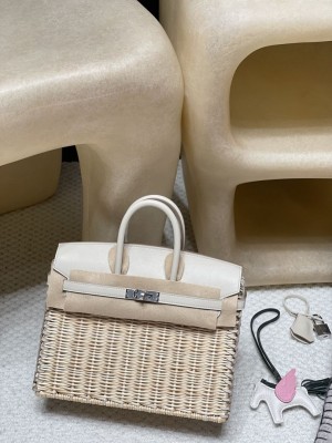 hermes birkin Picnic 25cm swift皮编藤条 野餐包8L冰川白 银扣