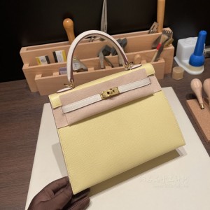 hermes kelly 25cm 凯莉包 epsom皮 1Z小鸡黄拼10奶昔白 金扣(hermes凯莉包包价格)