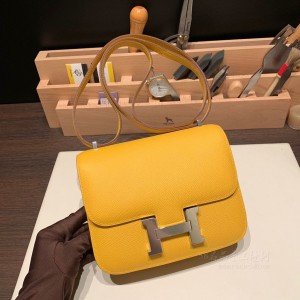 hermes Constance 19cm 康康 空姐包 epsom皮 9D琥珀黄Jaune Amber 银扣(爱马仕空姐包扣怎么打开)