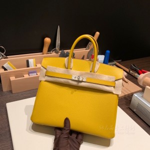 hermes birkin 25cm 铂金包 epsom皮 9D琥珀黄 银扣(爱马仕铂金包金扣好还是银扣好)