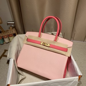 hermes birkin 30cm 铂金包 山羊皮Chevre 拼色 3Q粉拼8W唇膏粉 金扣