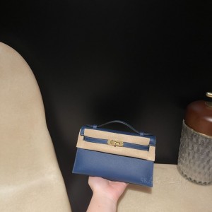 hermes mini kelly Pochette 21cm 一代 evercolor皮 S4深邃蓝内拼B5宝石红 金扣(hermes blanket) 尺寸