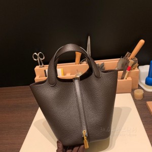 hermes picotin Lock 18cm 菜篮子 TC Clemence皮 46乌木色 金扣(爱马仕菜篮子乌木色)