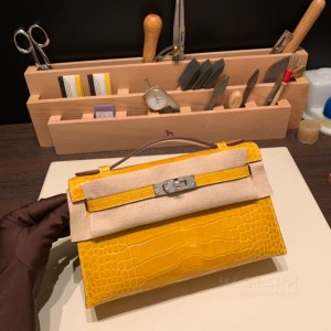 hermes mini kelly Pochette 21cm 一代 Alligator美洲鳄鱼皮 亮面方块 9D 琥珀黄 银扣 尺寸