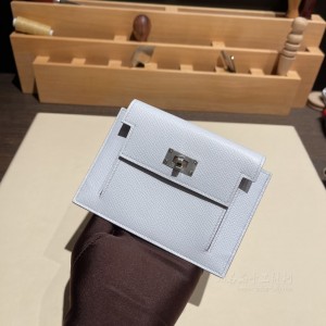 hermes kelly pocket 凯莉卡包 epsom皮 T0雾霾蓝 银扣(hermes凯莉包包价格) 图片