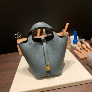 hermes picotin Lock 18cm 菜篮子 TC Clemence皮 Y7飓风蓝 金扣(hermes菜篮子刻字部位)