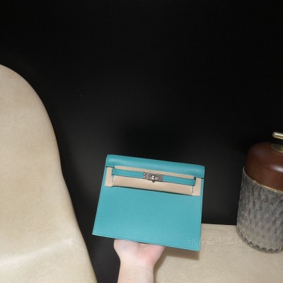 hermes kelly Danse 跳舞包 <strong>Evercolor</strong>皮 7F孔雀蓝 银扣(hermes kelly pocket)