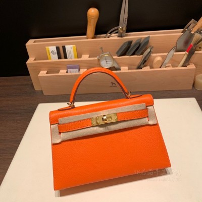 hermes mini kelly 19cm 二代 山羊皮Chevre 93橙色 金扣(hermes <strong>Evercolor</strong>皮)