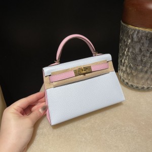 hermes mini kelly 19cm 二代 epsom皮 T0雾霾蓝拼X9锦葵紫 金扣(爱马仕kelly雾霾蓝色包)