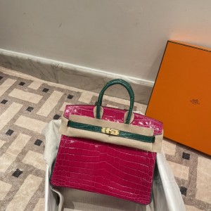 hermes birkin 25cm 铂金包 尼罗鳄鱼皮nilo crocodile shiny亮面 两点 马蹄拼色 5J桃红红翡翠绿