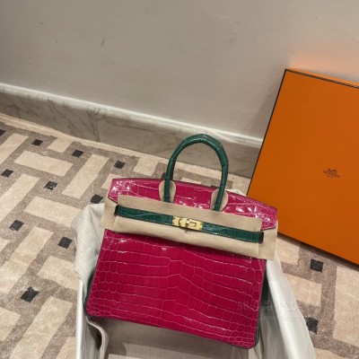 hermes birkin 25cm 铂金包 尼罗鳄鱼皮nilo crocodile shiny亮面 两点 马蹄拼色 5J桃红红翡翠绿