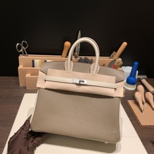 hermes birkin 25cm 铂金包 togo皮 18大象灰拼10奶昔白 银扣(爱马仕herbag大象灰)