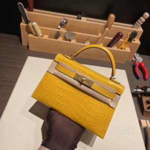 hermes mini kelly 19cm 二代 Alligator美洲鳄鱼皮 9D琥珀黄Jaune Amber 金扣