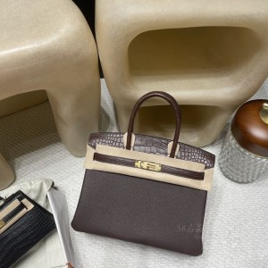 hermes birkin Touch 30cm togo皮拼尼罗鳄鱼 47 巧克力色 金扣