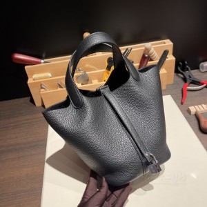 hermes picotin Lock 18cm 菜篮子 TC Clemence皮 89黑色 银扣(爱马仕菜篮子是金扣还是银扣)