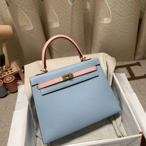 hermes kelly 25cm 凯莉包 epsom皮 拼色 Bb蓝拼3Q粉 金扣(爱马仕凯莉包二代mini凯莉包价格)