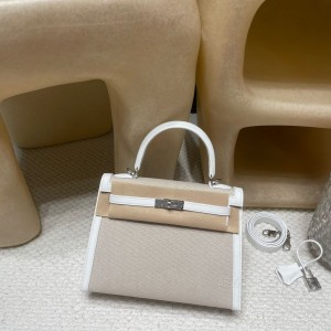 hermes kelly Toile swift皮拼帆布 限量款 25cm 01纯白 银扣(爱马仕拼皮帆布包)