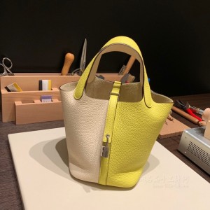 hermes picotin Lock 18cm 菜篮子 TC Clemence皮 i2奶油白拼Lime 9R柠檬黄 银扣左右拼