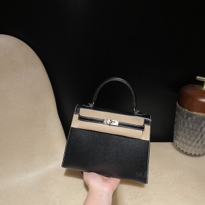 hermes kelly 25cm 凯莉包 山羊皮Chevre 89黑色内拼9D 琥珀黄 磨砂银扣