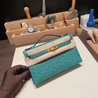 hermes mini kelly Pochette 21cm 一代 南非KK鸵鸟皮ostrich U4丝绒绿 金扣(爱马仕鸵鸟皮lindy) 尺寸