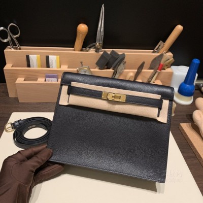 hermes kelly Danse 跳舞包 <strong>Evercolor</strong>皮 89黑色 金扣