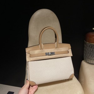 hermes birkin 30cm 铂金包 swift皮拼帆布 0M玛萨拉茶色(爱马仕铂金帆布包)