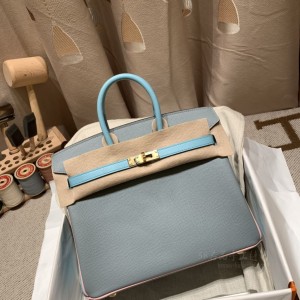 hermes birkin 25cm 铂金包 epsom皮 马蹄vip定制款 8U冰川蓝拼3P马卡龙蓝拼3Q粉 金扣