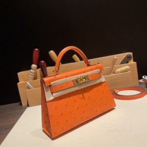 hermes mini kelly 19cm 二代 南非KK鸵鸟皮ostrich 93橙色 金扣(爱马仕鸵鸟皮)