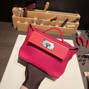 hermes kelly 2424 mini evercolor皮拼swift皮 0D玫瑰墨西哥粉拼S3心红 银扣