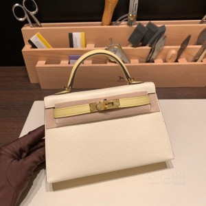 hermes mini kelly 19cm 二代 epsom皮 i2奶油白拼1Z小鸡黄 金扣(爱马仕kelly小鸡黄多少钱)