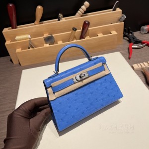 hermes mini kelly 19cm 二代 南非KK鸵鸟皮ostrich 7Q希腊蓝 银扣(爱马仕kelly鸵鸟皮蓝)