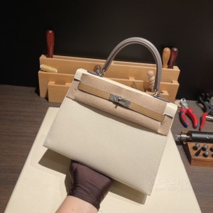 hermes kelly 25cm 凯莉包 epsom皮 限量三拼色i2奶油白拼0M玛萨拉茶色拼0L积雨云灰 银扣