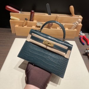 hermes mini kelly 19cm 二代 Alligator美洲鳄鱼皮 Matte雾面 方块 V0 卢梭绿 金扣