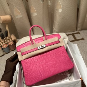 hermes birkin 25cm 铂金包 Alligator美洲鳄鱼皮 order 5R惊艳粉银扣(爱马仕鳄鱼皮铂金包尺寸)