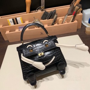 hermes kelly doll 千禧娃娃包 Alligator美洲鳄鱼皮 Matte雾面 千禧 89黑色拼10奶昔白 金扣