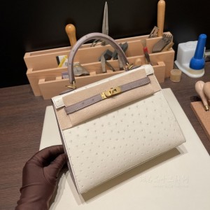 hermes kelly 25cm 凯莉包 南非KK鸵鸟皮ostrich 拼色3C羊毛白拼M8沥青灰 拉丝金扣