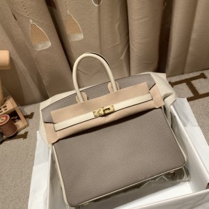 hermes birkin 25cm 铂金包 epsom皮 马蹄vip定制款 M8沥青灰拼10奶昔白 金扣(爱马仕包铂金包介绍系列)