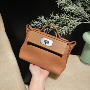 hermes kelly 2424 mini evercolor皮拼swift皮 37金棕 银扣(爱马仕kelly28金棕)