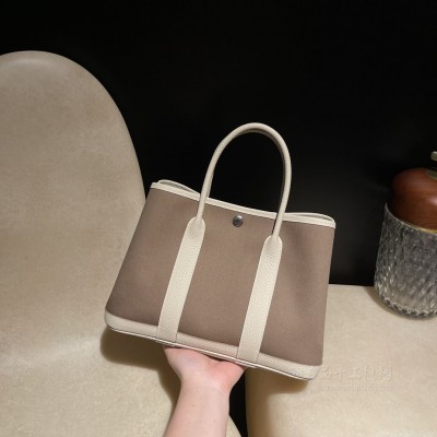 hermes Garden Party 30cm 花园包 帆布拼country皮 18大象灰拼10奶昔白
