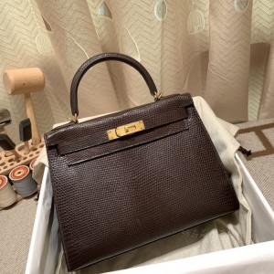 hermes kelly 28cm 凯莉包 lizard蜥蜴皮 47巧克力 金扣(爱马仕凯莉包是硬的还是软的)