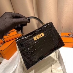 hermes mini kelly 19cm 二代 Alligator美洲鳄鱼皮 89黑色 金扣(爱马仕birkin25鳄鱼皮)