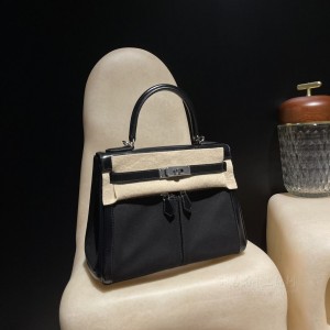 hermes kelly lakis 28cm 帆布拼box皮 89黑色(爱马仕帆布kelly包介绍) 高仿