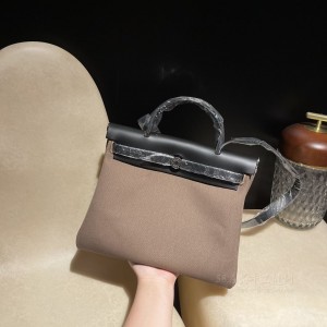 hermes herbag 31cm 帆布包 内缝 18大象灰拼黑色(爱马仕大象灰包包)